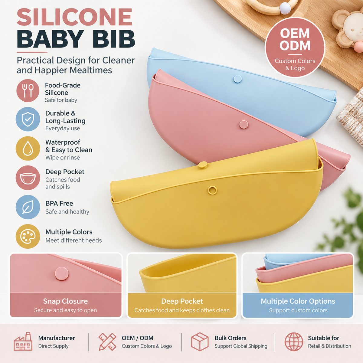 Silicone Baby Bib with Food Catch Pocket | Wholesale & OEM/ODM Supplier