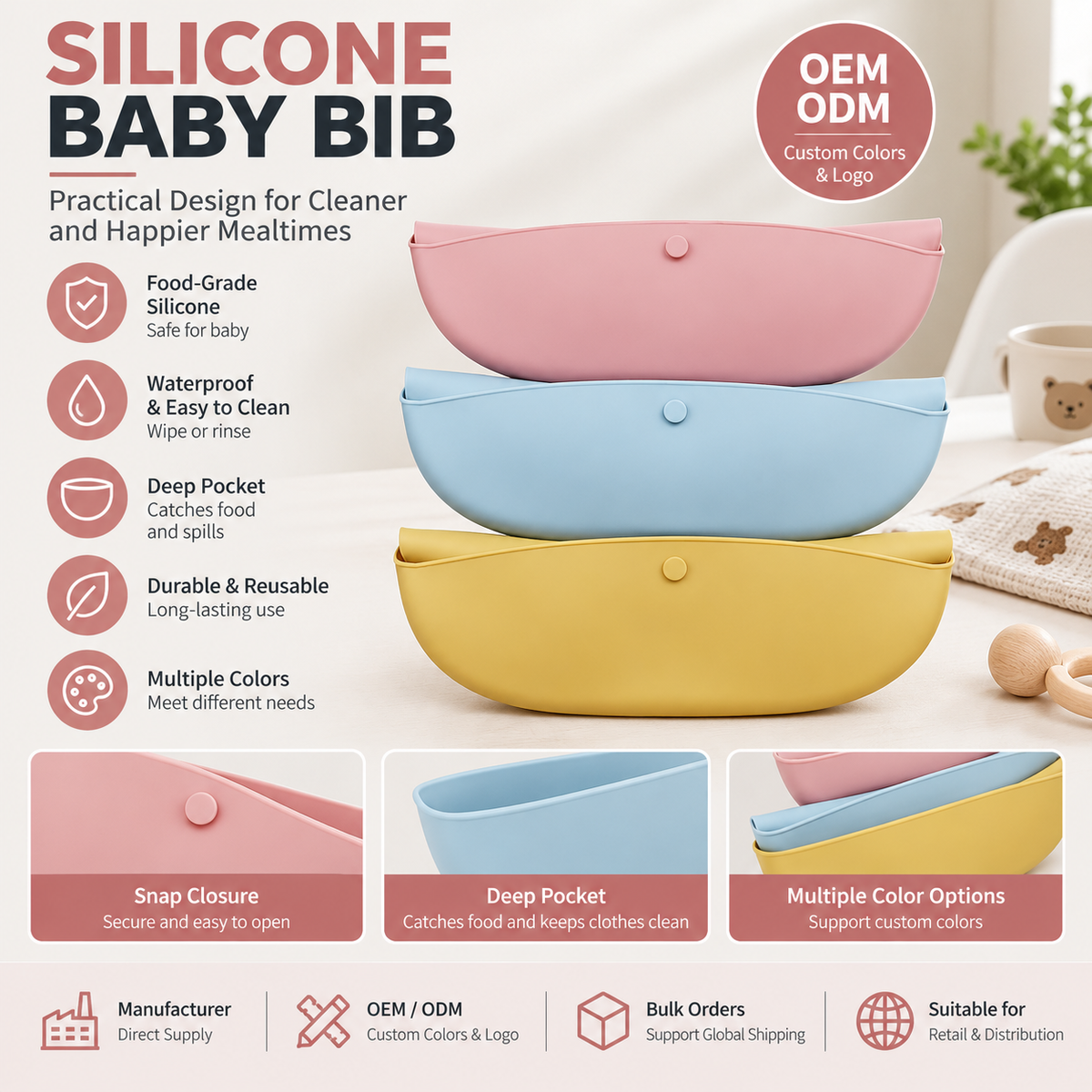 Silicone Baby Bib with Food Catch Pocket | Wholesale & OEM/ODM Supplier