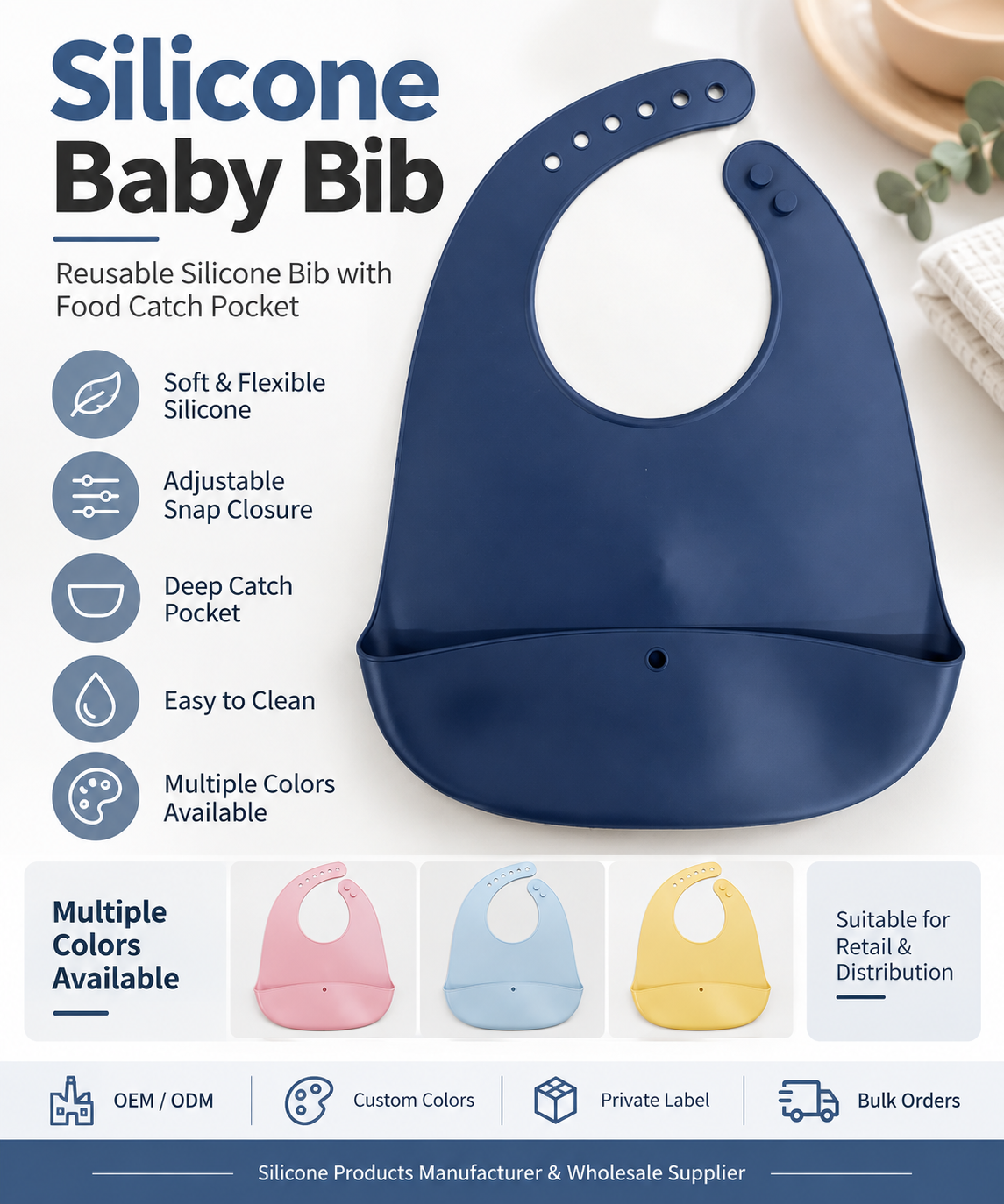 Silicone Baby Bib with Food Catch Pocket | Wholesale & OEM/ODM Supplier