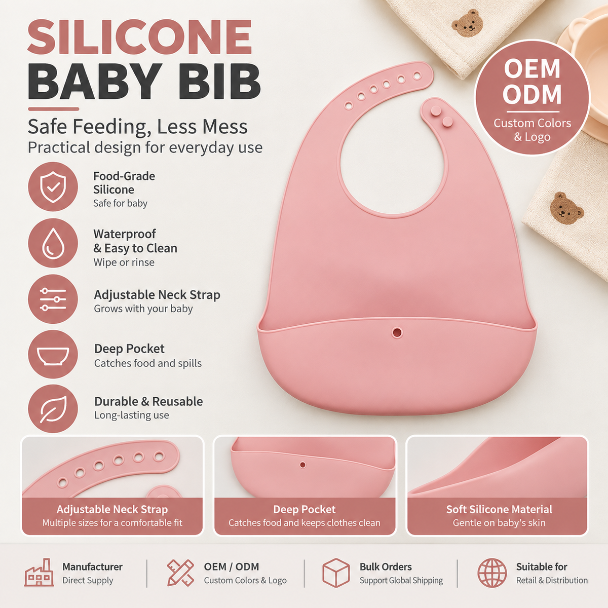 Silicone Baby Bib with Food Catch Pocket | Wholesale & OEM/ODM Supplier